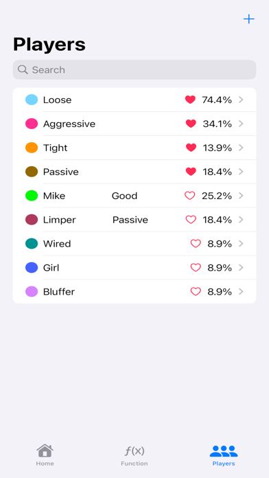 pokerNote player list with color labels, favorites, notes, and range percentages